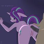  animal_genitalia animal_penis anthro clothed clothing cutie_mark dialogue equine_penis friendship_is_magic horn mammal my_little_pony penis pj-nsfw purple_eyes purple_skin pussy starligh_glimmer teasing 