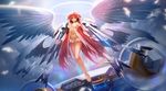  :o absurdres ahoge angel angel_wings arms_at_sides backlighting bangs bare_legs barefoot black_hair blurry breasts broken broken_chain chain cleavage cloud collar day depth_of_field feathers flying from_below full_body glowing gradient_hair green_eyes halo highres ikaros large_breasts legs_together long_hair looking_at_viewer looking_down machinery miniskirt multicolored_hair multiple_wings navel parted_lips pink_hair pleated_skirt skirt sky solo sora_no_otoshimono stomach streaked_hair very_long_hair white_skirt white_wings wings zhuore_zhi_hen 
