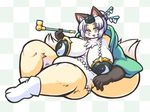  big_breasts bra breasts canine checkered_background chest_tuft clothing concon-collector female fox hair_up hermit_fox_byakudan huge_breasts legwear mammal multi_tail obese overweight pattern_background pipe simple_background socks solo tuft underwear yin_yang 