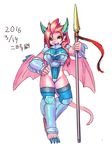  anthro armor big_breasts braided_hair breasts clothed clothing dragon female hair horn japanese_text looking_at_viewer melee_weapon membranous_wings polearm scalie simple_background skimpy solo spear text weapon wings 