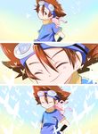  3koma arm_warmers brown_eyes brown_hair bug butterfly closed_eyes comic commentary digimon digimon_adventure eimu_(211234) fangs gloves goggles goggles_on_head insect koromon shirt smile t-shirt translated wada_kouji yagami_taichi 