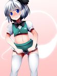  black_hairband blue_eyes blush clenched_teeth doku_corne full-face_blush gradient gradient_background hairband highres hitodama konpaku_youmu konpaku_youmu_(ghost) looking_at_viewer midriff miniskirt navel panties pantyshot pink_background puffy_sleeves shirt short_hair short_sleeves silver_hair skirt skirt_pull solo sweat tears teeth thighhighs touhou underwear vest white_legwear white_panties 