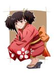  bad_id bad_pixiv_id black_hair brown_eyes japanese_clothes kimono koutetsujou_no_kabaneri kurohane mumei_(kabaneri) no_socks obi sash short_kimono solo squatting twintails 
