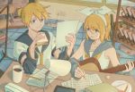  1boy 1girl anniversary birthday blonde_hair blue_eyes book bow brother_and_sister coffee_mug collarbone cup desk detached_sleeves eating electric_plug electric_socket eyebrows_visible_through_hair eyes_visible_through_hair food guitar hair_bow holding holding_food holding_paper indoors instrument kagamine_len kagamine_rin lamp mug necktie paper plug sailor_collar sandwich sheet_music short_hair siblings sweatdrop tablet tile_floor tiles twins underl vocaloid window writing yellow_neckwear 