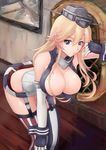  absurdres black_eyes blonde_hair breasts cleavage elbow_gloves fingerless_gloves garter_straps gloves haneori highres iowa_(kantai_collection) kantai_collection large_breasts leaning_forward long_hair solo star star-shaped_pupils symbol-shaped_pupils thighhighs 