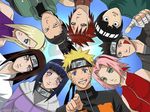  6+boys bangs black_eyes black_hair blonde_hair blue_eyes blue_sky blunt_bangs breasts facial_mark fishnet_top fishnets flak_jacket forehead_mark forehead_protector gaara green_eyes grin hair_over_one_eye hairclip haruno_sakura headband headdress hyuuga_hinata hyuuga_neji inuzuka_kiba inuzuku_kiba jacket konohagakure_symbol lavender_eyes long_hair long_sleeves looking_at_viewer multiple_boys multiple_girls nara_shikamaru naruto no_pupils pink_hair purple_shirt red_hair red_shirt rock_lee shiny shiny_hair shirt short_hair sky sleeveless sleeveless_shirt smile spiked_hair sun uzumaki_naruto yamanaka_ino 