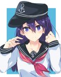  :d akatsuki_(kantai_collection) anchor_symbol black_hat blue_background blush border collarbone fingernails flat_cap grin hair_between_eyes hat highres kantai_collection long_fingernails long_hair long_sleeves moonlaw neckerchief open_mouth purple_eyes purple_hair red_neckwear red_ribbon ribbon sailor_collar school_uniform serafuku simple_background smile solo teeth v-shaped_eyebrows white_border 