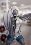  2016 abs athletic aurancreations bat breasts clothed clothing female fluffy fur grey_fur gym hair hi_res mammal muscular muscular_female nipples nude pants_down partially_clothed piercing pussy red_eyes serenity smile solo sport white_hair wings 