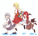  :d apron blonde_hair blue_eyes child demon_girl demon_wings flandre_scarlet happy head_wings izayoi_sakuya juliet_sleeves koakuma light_smile long_sleeves looking_at_viewer looking_to_the_side low_wings multiple_girls no_hat no_headwear open_mouth playing puffy_short_sleeves puffy_sleeves red_eyes red_hair rope_train shirt short_sleeves silver_hair skirt skirt_set smile touhou translation_request vest waist_apron wings wrist_cuffs younger yuuta_(monochrome) 