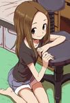  arm_support bangs barefoot brown_eyes brown_hair casual chair collarbone forehead from_above highres karakai_jouzu_no_takagi-san long_hair looking_at_viewer office_chair parted_bangs shirt short_shorts shorts sitting smile solo t-shirt takagi-san wariza yamamoto_souichirou 