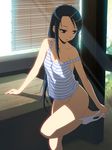  barefoot black_hair blinds blue_eyes hair_ornament hairclip highres ino long_hair mochizuki_nonoka otome_function panties panties_around_one_leg solo strap_slip tank_top underwear undressing white_panties 