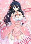  ahoge black_hair blue_eyes blush bow breasts cleavage cowboy_shot detached_sleeves dress garter_straps hair_between_eyes hair_bow highres kazenokaze large_breasts long_hair looking_at_viewer netoge_no_yome_wa_onna_no_ko_janai_to_omotta? own_hands_together pink_background simple_background solo sparkle standing tamaki_ako thighhighs white_legwear zettai_ryouiki 