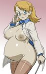 1girl areolae blonde_hair blue_eyes blush breasts glasses jacket nipples nude open_clothes pregnant smile solo standing tenseiani thigh-highs thighhighs 