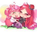  :d blush blush_stickers bow cheek-to-cheek chibi closed_eyes earrings fairy fairy_wings flower gacchu hair_bow hair_flower hair_ornament hand_on_own_chest heart heart_earrings highres jewelry lip_(fairilu) long_hair looking_at_another multiple_girls open_mouth outstretched_arms pink_hair pointy_ears ponytail red_hair rilu_rilu_fairilu rose_(fairilu) simple_background smile wings yuri 