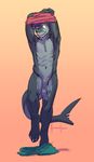  2015 animal_genitalia anthro balls clothing fish gradient_background hide_(character) male marine meesh navel one_eye_closed penis penis_tip shark sheath simple_background solo standing undressing 