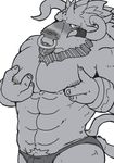  abs alistar_(lol) blush bovine cattle clothing grope male mammal monochrome muscular pecs pton simple_background solo tongue tongue_out underwear white_background 