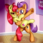  2016 absurd_res anibaruthecat apple_bloom_(mlp) balls blush bow butt cub cum cutie_mark duo earth_pony equine female friendship_is_magic hair half-closed_eyes hi_res hooves horse long_hair looking_at_viewer male male/female mammal my_little_pony open_mouth penis pony purple_eyes purple_hair red_hair sex tender_taps_(mlp) young 