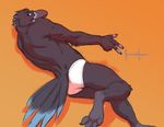  2015 anthro avian beak bird black_feathers briefs butt clothed clothing corvid feathers looking_at_viewer lying male meesh on_side pertinax pinup pose raven solo tail_feathers topless underwear v_sign 