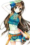  bad_id bad_pixiv_id black_hair blush breasts brown_eyes brown_hair cosplay denim denim_shorts final_fantasy final_fantasy_ix garnet_til_alexandros_xvii gloves kouyafu long_hair looking_at_viewer low-tied_long_hair medium_breasts midriff navel shorts smile solo zidane_tribal zidane_tribal_(cosplay) 