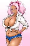  1girl absurdres belly blush bow bracelet breasts cleavage collarbone curvy dark_skin denim denim_shorts fat gyaru hair_bow hand_on_hip heart heart_necklace highres huge_breasts inverted_nipples jewelry kogal long_hair muffin_top navel open_clothes open_shirt original pink_bow pink_bracelet pink_eyeshadow pink_hair pink_lips plump sakae_08 seductive_smile shirt short_shorts shorts smile solo tan thick_thighs thighs tied_shirt twintails very_long_hair 