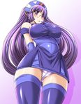  arms_behind_back bare_shoulders boots breasts glasses gluko headset huge_breasts panties purple_eyes purple_hair rokumon_tengai_mon_colle_knight solo thigh_boots thighhighs tonpuu underwear 