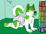  all_fours anthro barefoot black_nose block canine diaper fur green_fur hair happy infantilism looking_up lyxn_(artist) male mammal pacifier playing ruffle smile tuft white_fur wolf 