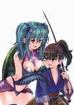  1girl :d bangs basket between_breasts bikini blue_hair blush breasts carrying_over_shoulder eyebrows eyebrows_visible_through_hair fishing_rod green_eyes hair_between_eyes hair_ornament hair_scrunchie hands_on_another's_shoulders height_difference hetero highleg highleg_bikini holding japanese_clothes large_breasts long_hair looking_at_another looking_back navel open_mouth original overskirt personification pink_lips ponytail puca-rasu red_eyes rope scrunchie sharp_teeth signature simple_background smile stomach string sweat swimsuit teeth thighhighs turtle_shell turtleneck twintails urashima_tarou white_background 