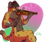  2014 anthro black_hair eyes_closed hair hyena male mammal musical_instrument musical_note navel nipples nude rokemi sitting solo spots spotted_hyena violin zuzulf 