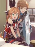  1boy 1girl bangs bare_shoulders bed belt black_bow black_gloves black_legwear black_ribbon blush bow bowtie breasts brown_eyes brown_hair clarisse_(granblue_fantasy) commentary_request doctor_(granblue_fantasy) embarrassed eyebrows_visible_through_hair gloves gran_(granblue_fantasy) granblue_fantasy green_eyes hair_between_eyes hair_bow hair_ribbon hand_in_pocket hinami_(hinatamizu) hospital_bed indoors jacket labcoat long_hair mask_pull medium_breasts one_eye_closed open_mouth orange_hair ponytail red_jacket ribbon sitting skirt sleeveless surgical_mask test_tube thighhighs zettai_ryouiki 