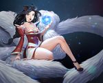  ahri animal_ears arm_support bare_shoulders black_hair braid breasts cleavage collarbone detached_sleeves edooit fox_ears fox_tail full_body high_heels highres hitodama korean_clothes large_breasts league_of_legends lips long_hair looking_at_viewer magic multiple_tails open_mouth sitting solo tail yellow_eyes 