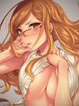  blush breasts brown_eyes brown_hair checkered checkered_background cleavage glasses kuon_michiyoshi large_breasts long_hair parted_lips shiny shiny_skin shirt_lift solo unaligned_breasts yellow_eyes 