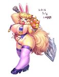  big_breasts bow_tie breasts canine clothed clothing club_(weapon) female fox high_heels huge_breasts japanese_text legwear lingerie mammal melee_weapon ni_jikan paws shirt_cuffs skimpy slightly_chubby solo stockings text weapon wide_hips 