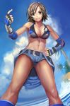  bad_id bad_pixiv_id bare_shoulders breasts brown_eyes brown_hair cleavage cloud come_hither crop_top day fingerless_gloves gloves grin hand_on_hip kazama_asuka large_breasts looking_at_viewer shijima_(tanfn) short_hair short_shorts shorts sky smile solo tekken thighs 