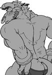  alistar_(lol) blush bovine butt cattle clothing male mammal monochrome mooning muscular pecs pton simple_background solo teasing underwear undressing white_background 