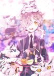  amaneryuusei animal animal_on_head blue_eyes blurry cup dango depth_of_field drooling fang flying_sweatdrops food gokotai gokotai's_tigers hair_over_one_eye hat hat_removed headwear_removed male_focus military military_uniform necktie on_head open_mouth petals sanshoku_dango teapot tiger tiger_cub touken_ranbu tray uniform wagashi white_hair white_tiger yellow_eyes 