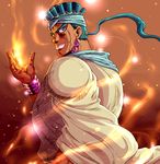  aqua_eyes aqua_hair araki_hirohiko_(style) crosshatching dark_skin dark_skinned_male earrings facial_mark fire from_behind headband jewelry jojo_no_kimyou_na_bouken lips looking_back male_focus mohammed_avdol nana-2009 ponytail robe smile solo sparkle upper_body wrist_cuffs 