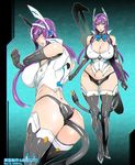  1girl ass bare_shoulders blue_eyes blush breasts cleavage copyright_request curvy erect_nipples fei_(maidoll) huge_ass huge_breasts long_hair looking_at_viewer looking_back parted_lips phantasy_star phantasy_star_online_2 pixiv_manga_sample purple_hair solo thick_thighs wide_hips 