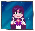  bishoujo_senshi_sailor_moon blush_stickers bow cassidy_stone choker circlet commentary elbow_gloves gloves hino_rei long_hair parted_lips red_sailor_collar sailor_collar sailor_mars sailor_senshi_uniform sky solo star_(sky) starry_sky wide-eyed 