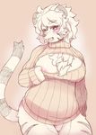  big_breasts blush bottomless breasts chest_tuft clothed clothing feline female keyhole_turtleneck mammal mutaninini nipple_slip simple_background solo sweater tiger tuft white_tiger 