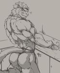 blush butt cleaning feline lion male mammal monochrome muscular nenhei_nirvana nude simple_background solo white_background 