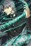  earrings gakuran grey_hair hierophant_green highres jewelry jojo_no_kimyou_na_bouken kakyouin_noriaki male_focus mizunotsuki profile red_eyes school_uniform smile solo stand_(jojo) upper_body 