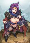 boots breasts cape circlet cleavage gloves hand_on_hip highres jewelry large_breasts long_hair midriff naga_the_serpent navel necklace ojou-sama_pose open_mouth purple_hair qblade revealing_clothes shiny shiny_skin shoulder_spikes skull slayers smile solo spikes sword thigh_strap weapon 