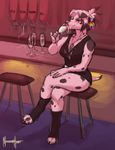  2015 anthro bar blush breasts canine clothed clothing crossed_legs cum cum_drip cum_in_mouth cum_inside cum_on_breasts dalmatian dog drinking drinking_cum dripping female hair_bow hair_ribbon high_heels kara_resch mammal meesh ribbons sitting solo spots 