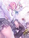  ass banned_artist black_legwear blurry breasts brown_hair cherry_blossoms depth_of_field dutch_angle mana_kakkowarai medium_breasts multiple_girls original outdoors pantyhose pink_hair school_uniform skirt tree watermark web_address 