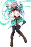  774_(nanashi) aqua_eyes arms_up blush boots breastless_clothes breasts commentary_request corset dress elf eruru_(774) flying_sweatdrops full-face_blush full_body highres huge_breasts knee_boots light_blue_hair long_hair nipples one_eye_closed open_mouth original pointy_ears simple_background solo sparkle sweatdrop thighhighs white_background wince 