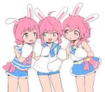  ahoge animal_ears blush braid bunny_ears character_request color_connection ensemble_stars! gloves green_eyes hair_color_connection himemiya_touri leona_west male_focus multiple_boys open_mouth otoko_no_ko paw_gloves paws pink_eyes pink_hair pretty_(series) pripara sailor_collar short_shorts shorts sidelocks single_braid skirt smile 