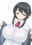  black_hair bouncing_breasts breasts dress_shirt green_eyes highres large_breasts long_hair man_(man-room) original sawada_manami school_uniform shirt short_hair_with_long_locks sidelocks simple_background solo translation_request white_background 