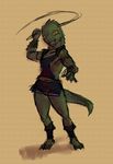  anthro attack clothing dress feet female flat_chested greenpolygon homme_lezard humanoid lizardgirl lizardwoman looking_at_viewer muscular muscular_female pose reptile reptoid scale scales scalie short_dress solo weapon whip 