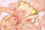  bed_sheet bikini blonde_hair blush braid breasts closed_eyes collarbone dead_or_alive hands helena_douglas implied_sex large_breasts long_hair navel open_mouth solo_focus sweat swimsuit tan tanline tenchisouha yellow_bikini 