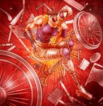  bandages broken choker closed_eyes earrings eyepatch full_body grey_hair jean_pierre_polnareff jewelry jojo_no_kimyou_na_bouken male_focus muscle paru_(runbahaha) prosthesis prosthetic_leg solo wheel wheelchair wristband 